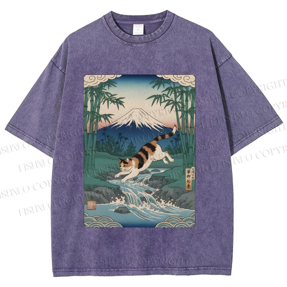Unisex Vintage Japanese Mount Fuji Cat Printed Washed Tee