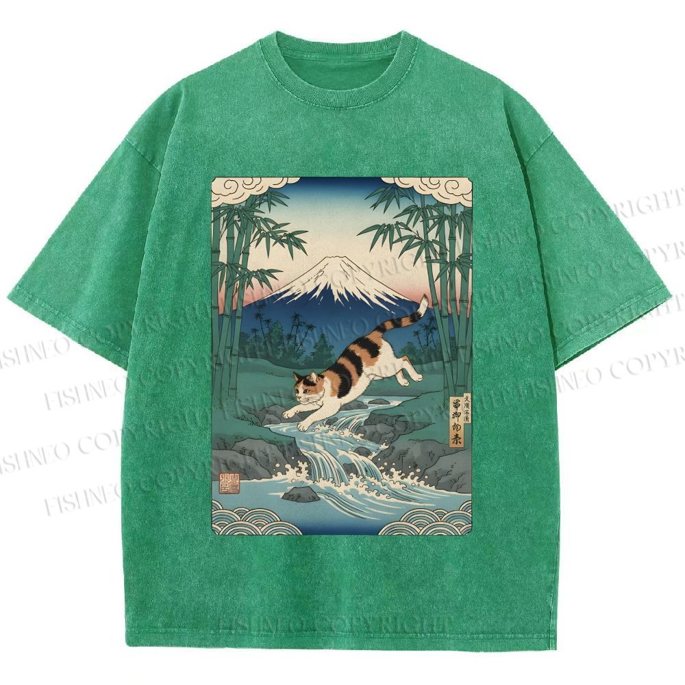 Unisex Vintage Japanese Mount Fuji Cat Printed Washed Tee