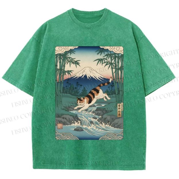 Unisex Vintage Japanese Mount Fuji Cat Printed Washed Tee