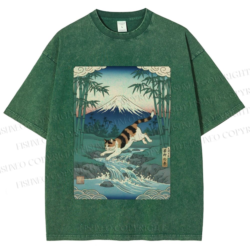 Unisex Vintage Japanese Mount Fuji Cat Printed Washed Tee