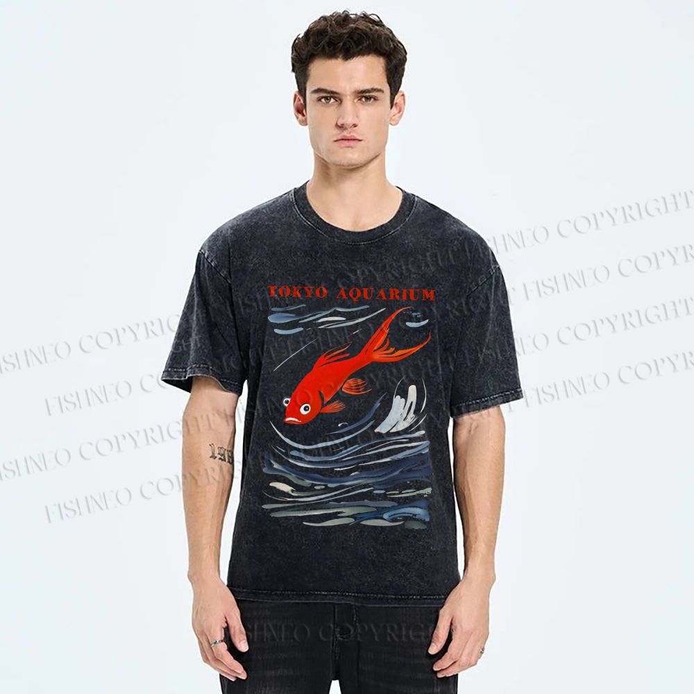 Unisex Tokyo Aquarium Koi Fish Printed Washed Tee