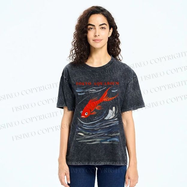 Unisex Tokyo Aquarium Koi Fish Printed Washed Tee