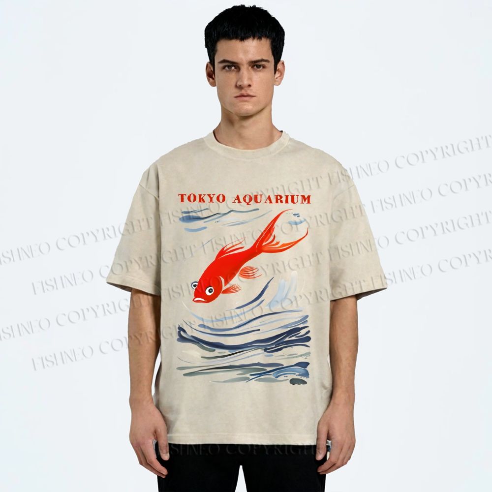 Unisex Tokyo Aquarium Koi Fish Printed Washed Tee