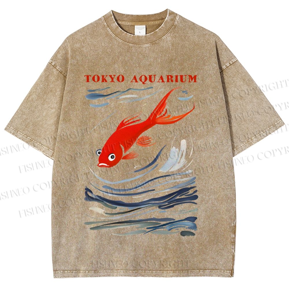 Unisex Tokyo Aquarium Koi Fish Printed Washed Tee