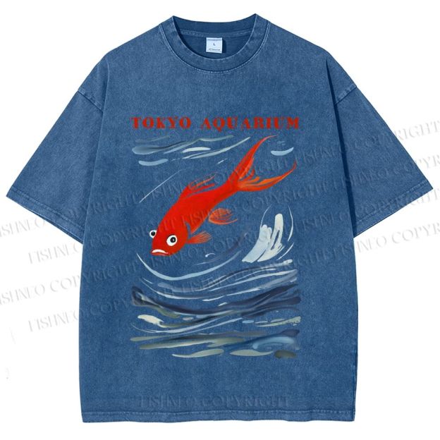 Unisex Tokyo Aquarium Koi Fish Printed Washed Tee