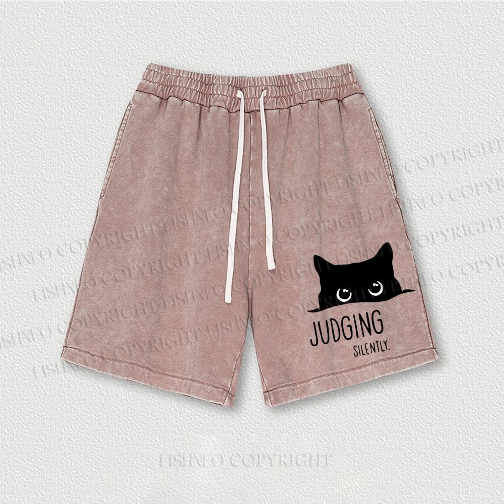 Judging Silently Cat Printed Washed Vintage Shorts