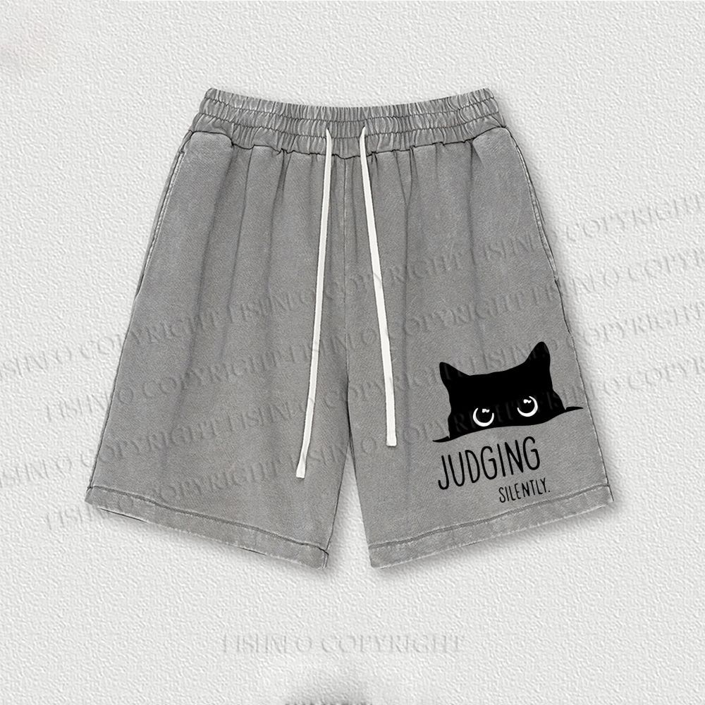 Judging Silently Cat Printed Washed Vintage Shorts