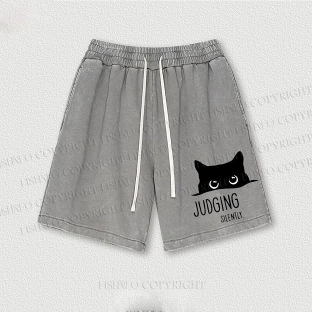 Judging Silently Cat Printed Washed Vintage Shorts