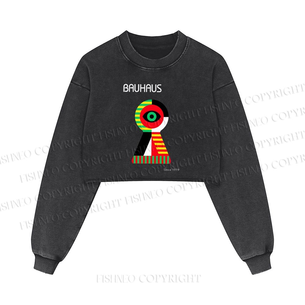 Bauhaus Colored Geometric Eyes Printed Washed Crop Sweatshirt