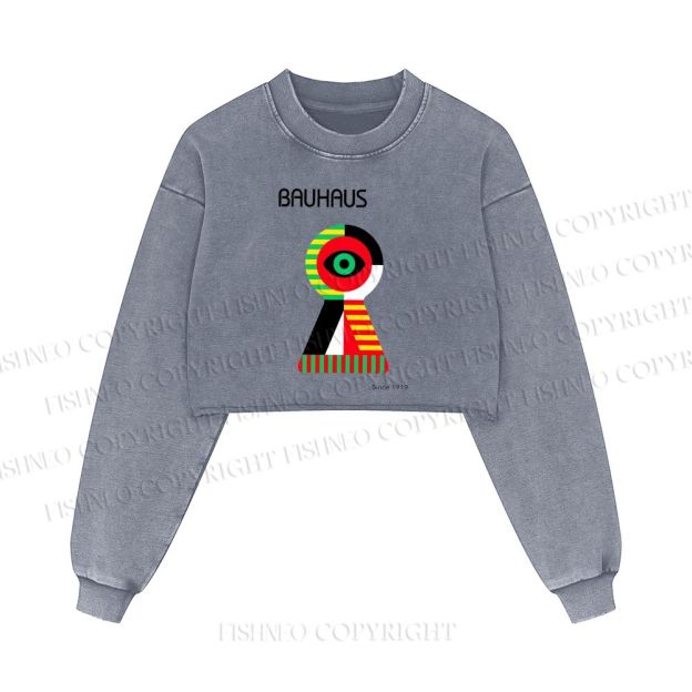 Bauhaus Colored Geometric Eyes Printed Washed Crop Sweatshirt