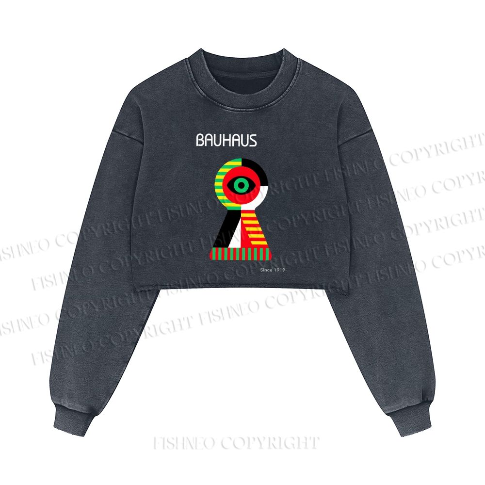 Bauhaus Colored Geometric Eyes Printed Washed Crop Sweatshirt