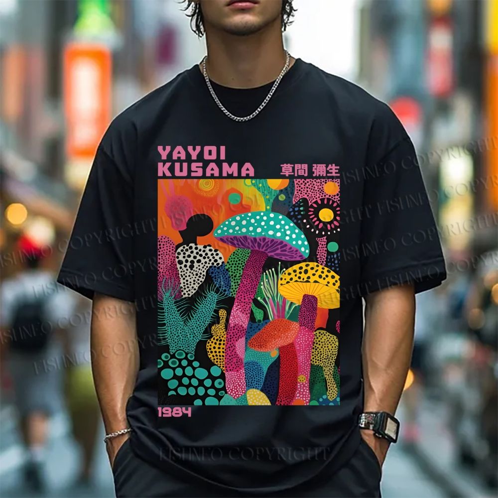 Unisex Classic Cotton Yayoi Kusama Multicolor Mushroom Printed T-shirt