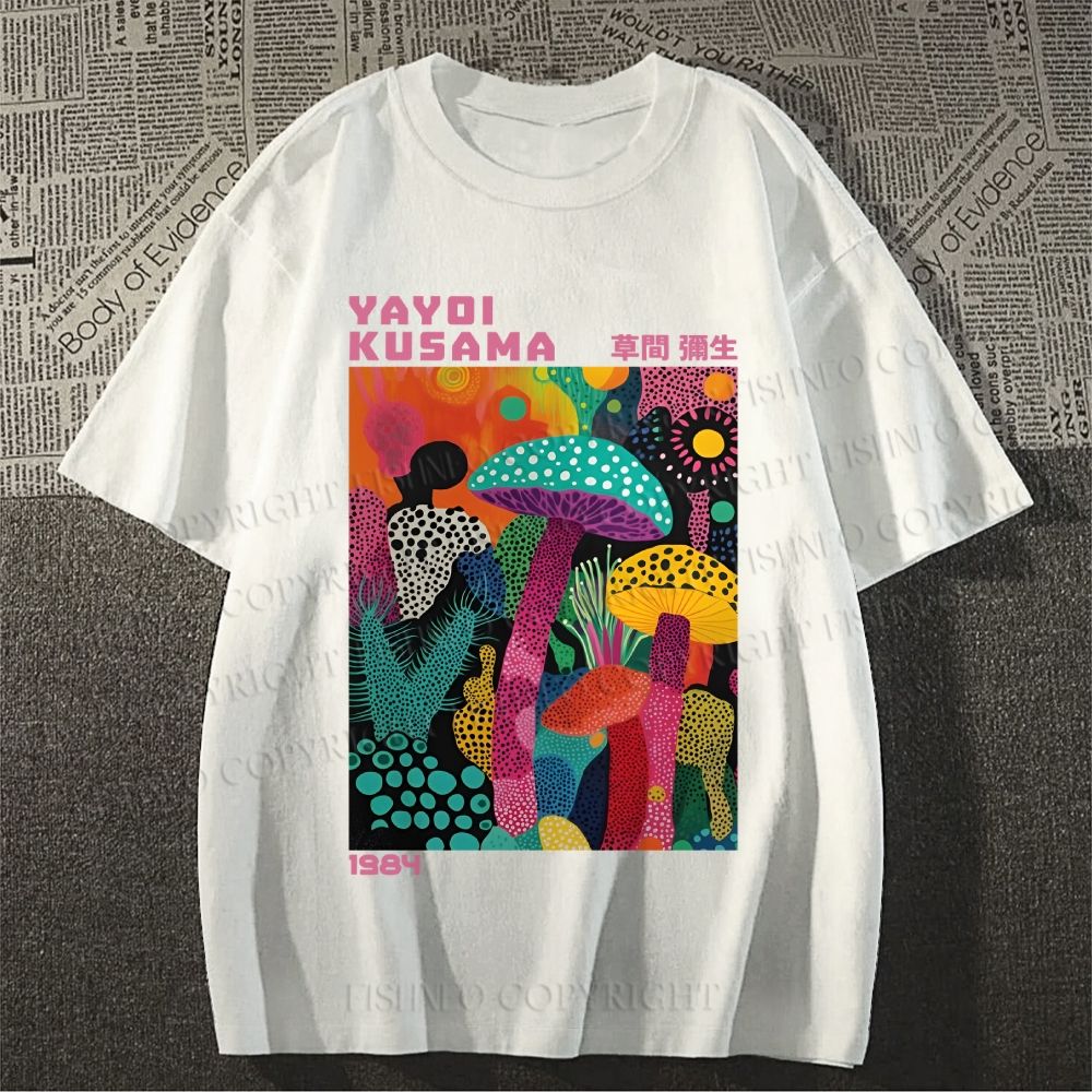 Unisex Classic Cotton Yayoi Kusama Multicolor Mushroom Printed T-shirt