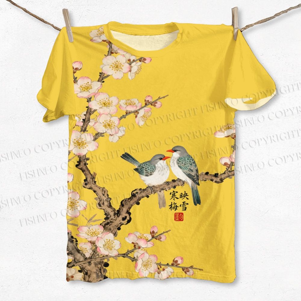 Unisex Vintage Bird in Flowers Printed Classic Cotton T-shirt
