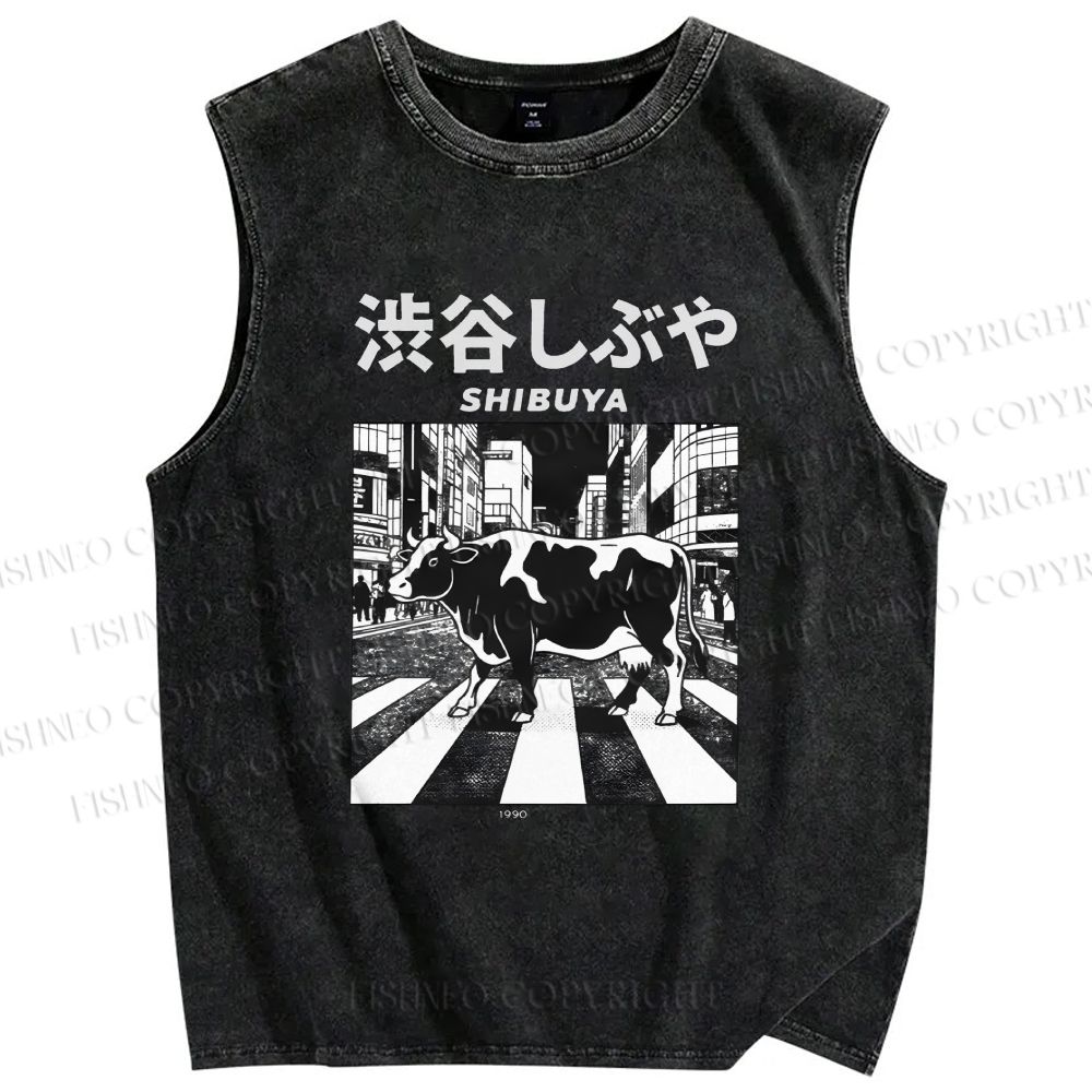 Unisex Shibuya Cows Printed Washed Tank Top
