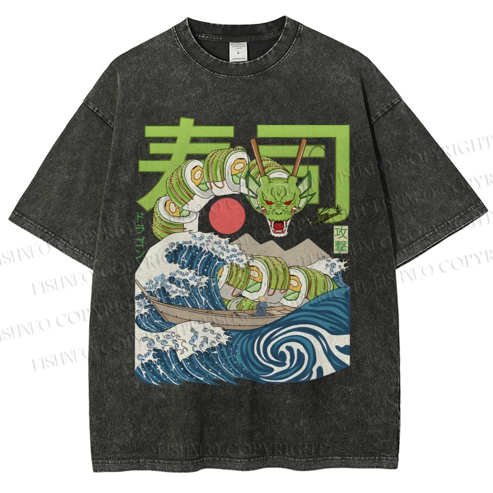 Unisex Sushi Dragon In The Waves Printed Washed Tee