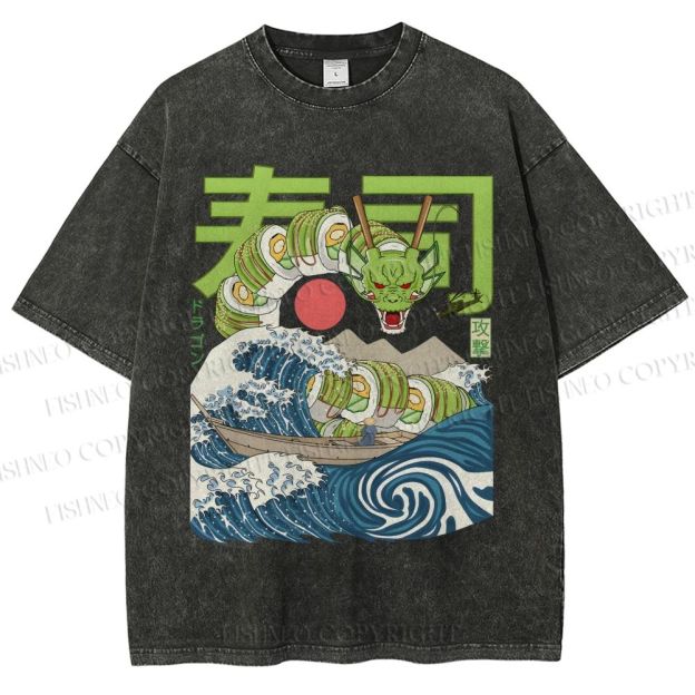 Unisex Sushi Dragon In The Waves Printed Washed Tee