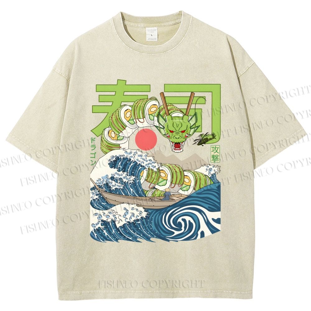Unisex Sushi Dragon In The Waves Printed Washed Tee