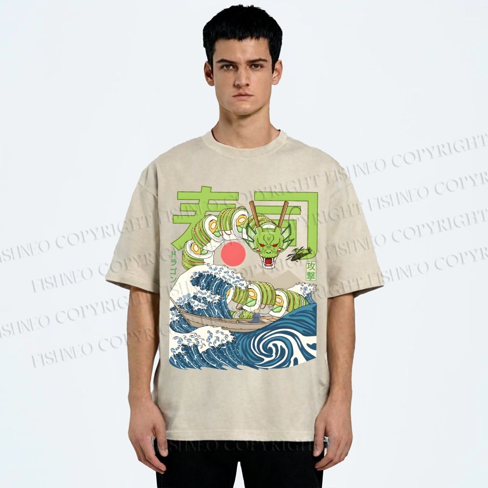 Unisex Sushi Dragon In The Waves Printed Washed Tee