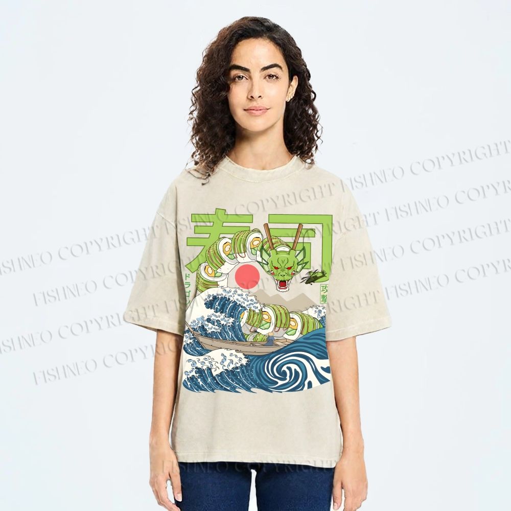 Unisex Sushi Dragon In The Waves Printed Washed Tee