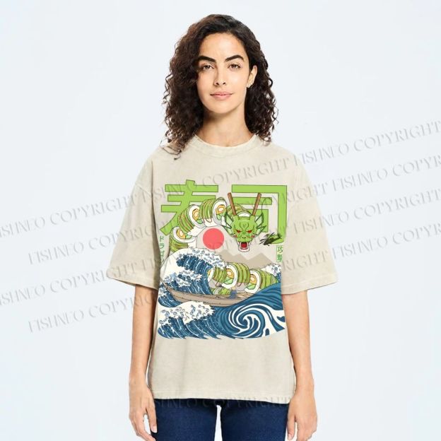 Unisex Sushi Dragon In The Waves Printed Washed Tee
