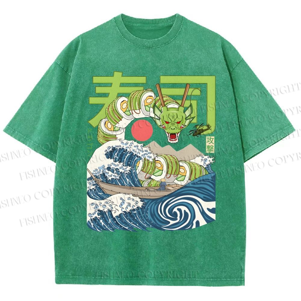 Unisex Sushi Dragon In The Waves Printed Washed Tee