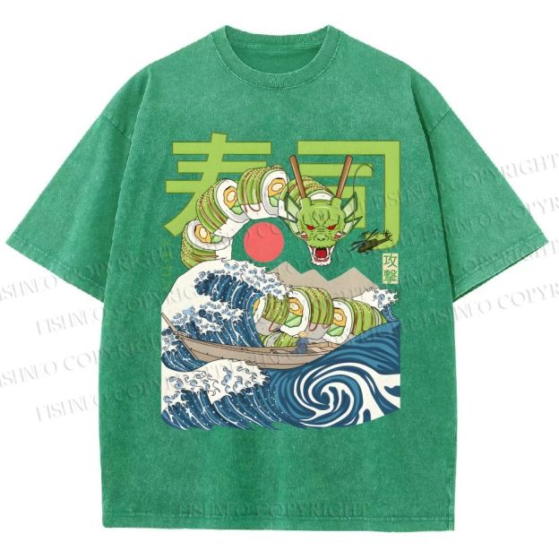 Unisex Sushi Dragon In The Waves Printed Washed Tee