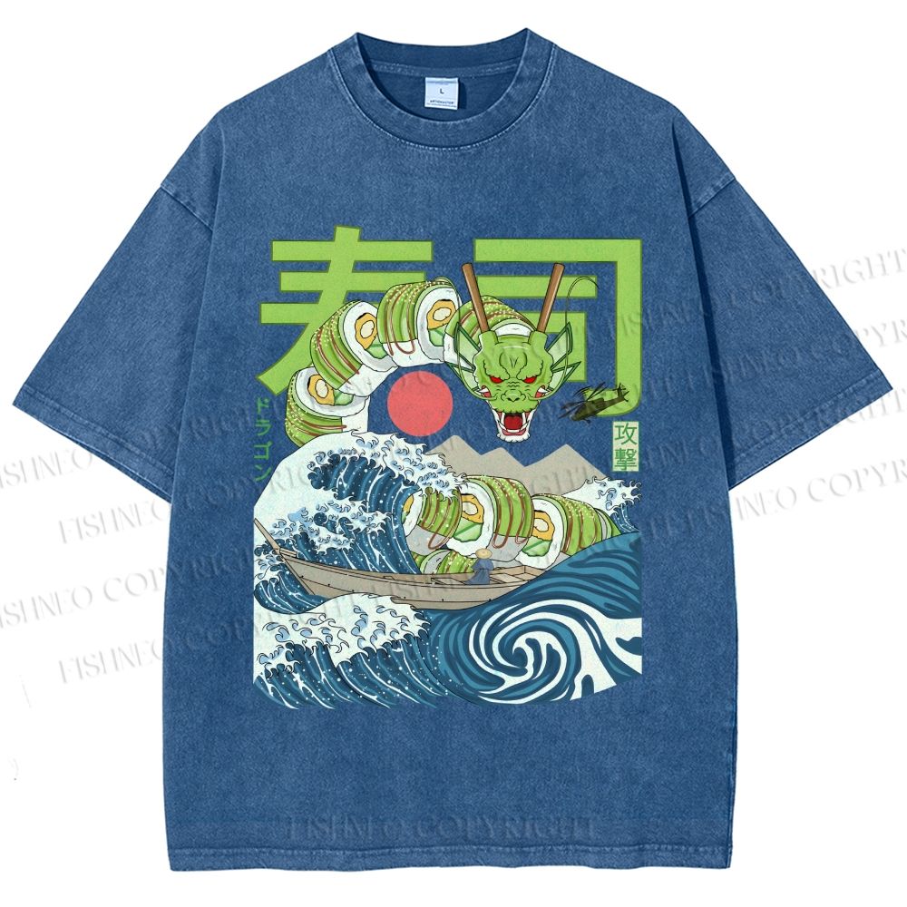 Unisex Sushi Dragon In The Waves Printed Washed Tee