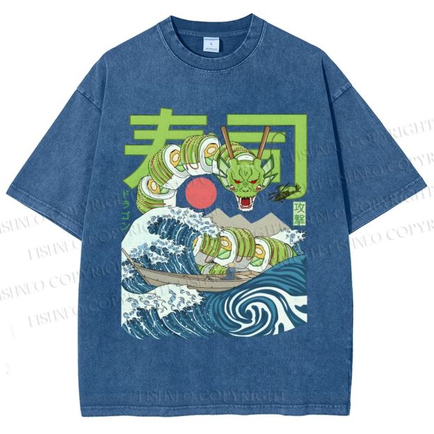 Unisex Sushi Dragon In The Waves Printed Washed Tee
