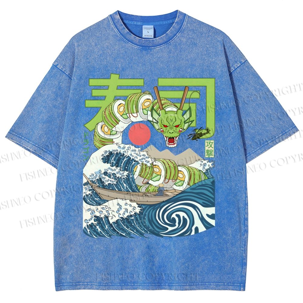 Unisex Sushi Dragon In The Waves Printed Washed Tee