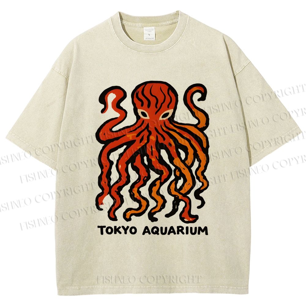 Unisex Tokyo Aquarium Octopus Printed Washed Tee