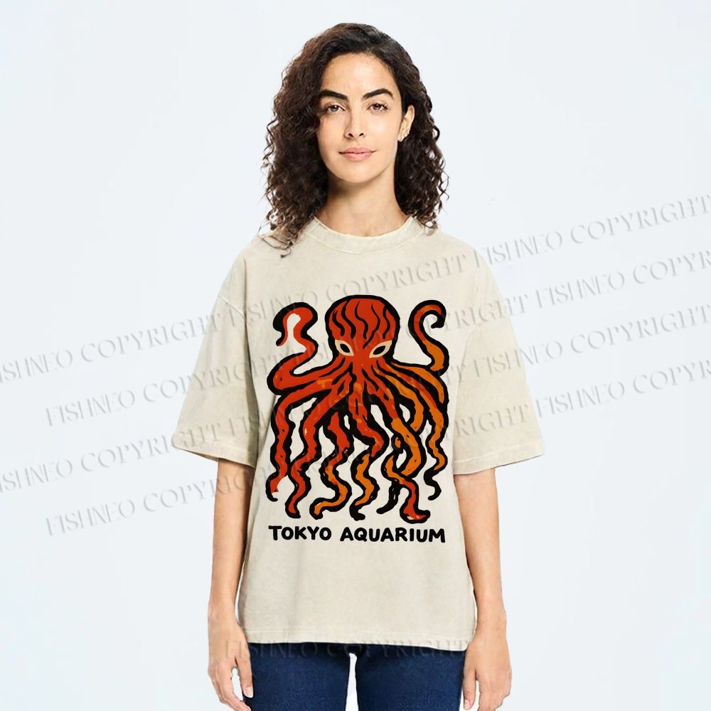 Unisex Tokyo Aquarium Octopus Printed Washed Tee