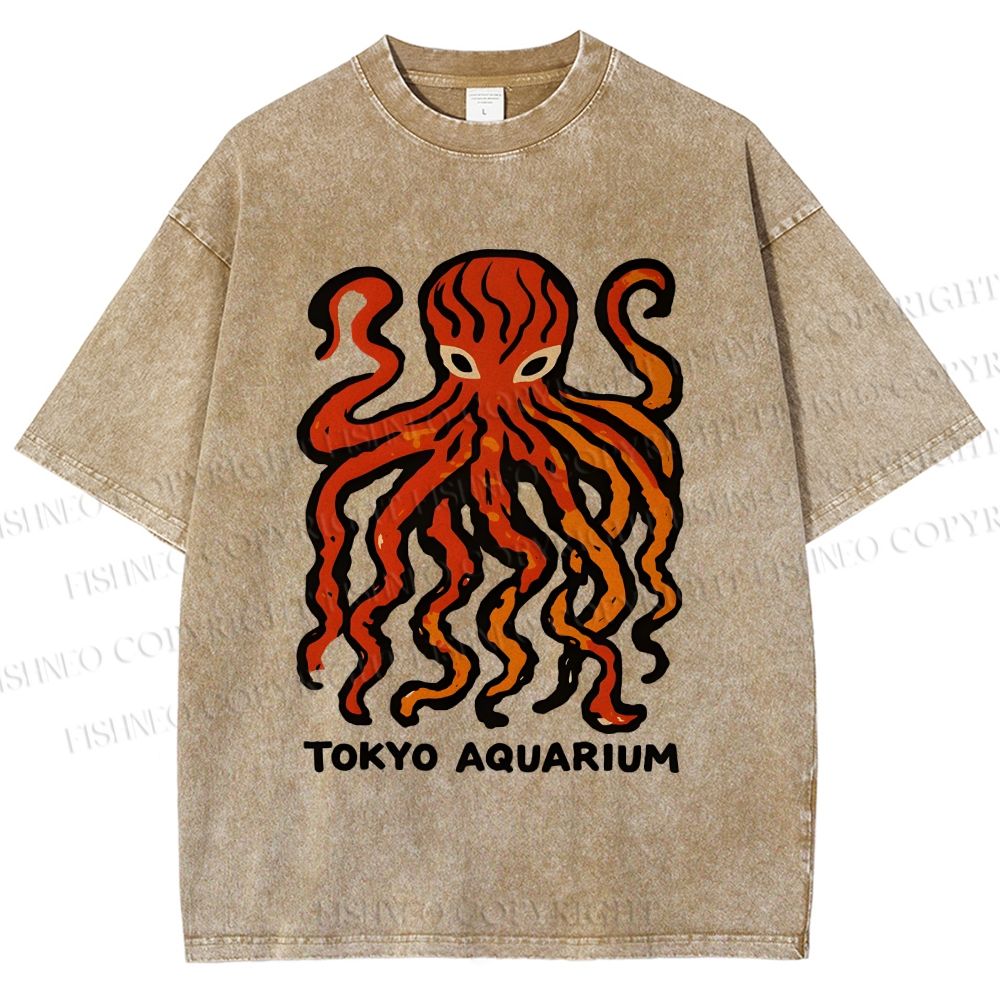 Unisex Tokyo Aquarium Octopus Printed Washed Tee