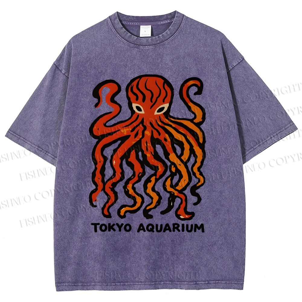 Unisex Tokyo Aquarium Octopus Printed Washed Tee