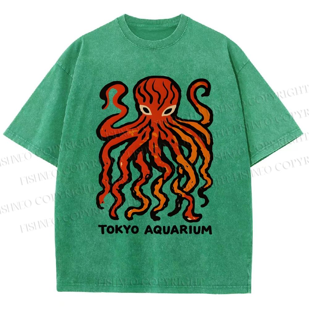 Unisex Tokyo Aquarium Octopus Printed Washed Tee