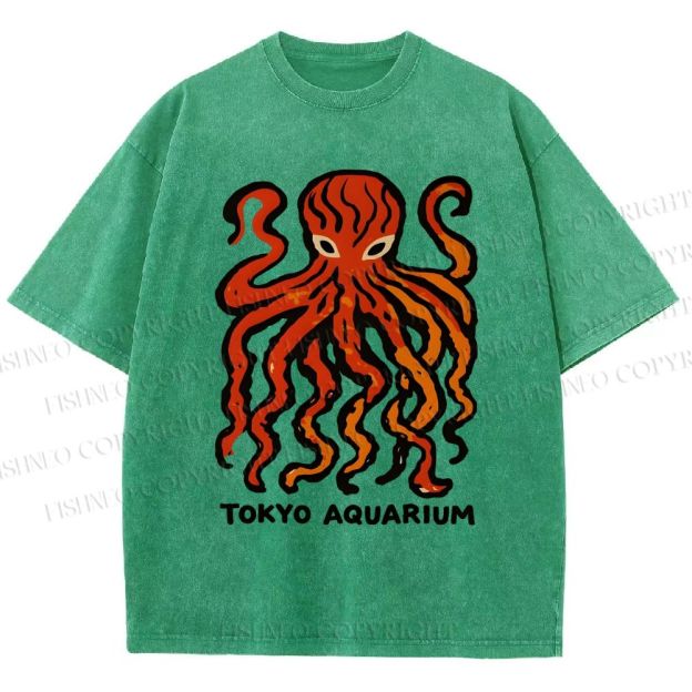 Unisex Tokyo Aquarium Octopus Printed Washed Tee