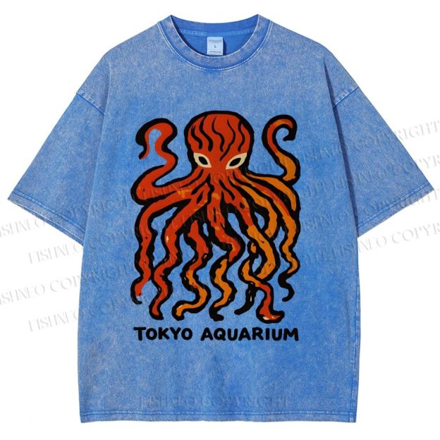 Unisex Tokyo Aquarium Octopus Printed Washed Tee