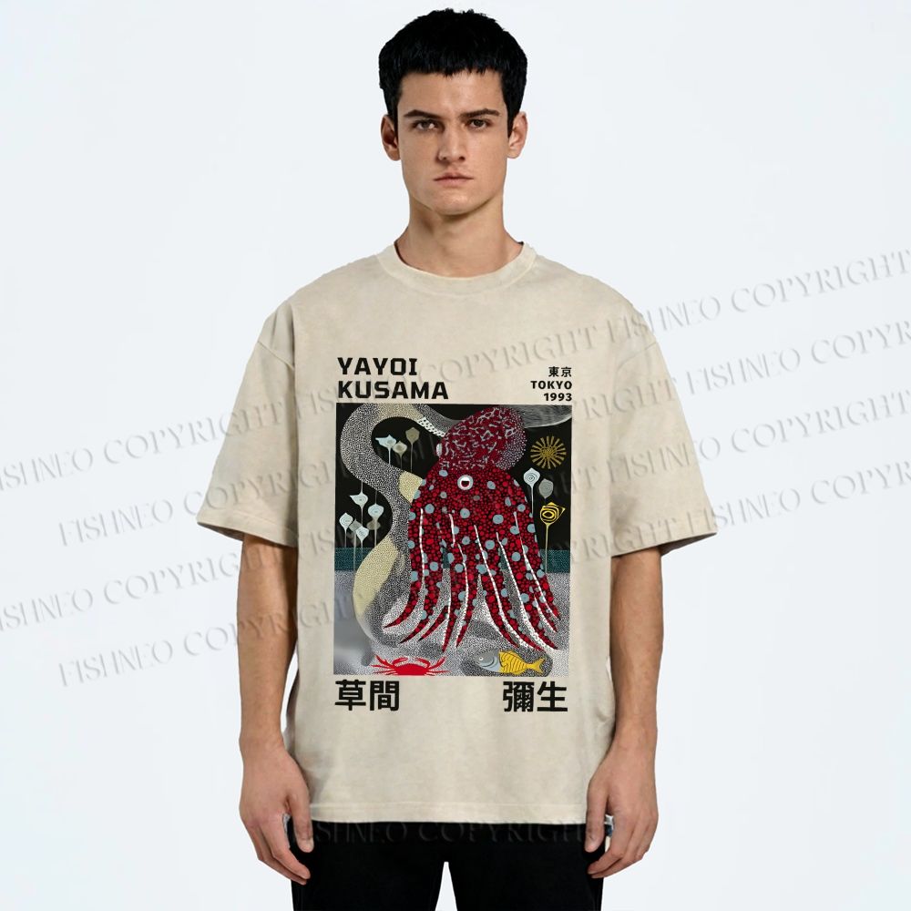 Unisex Yayoi Kusama Octopus Printed Washed Tee