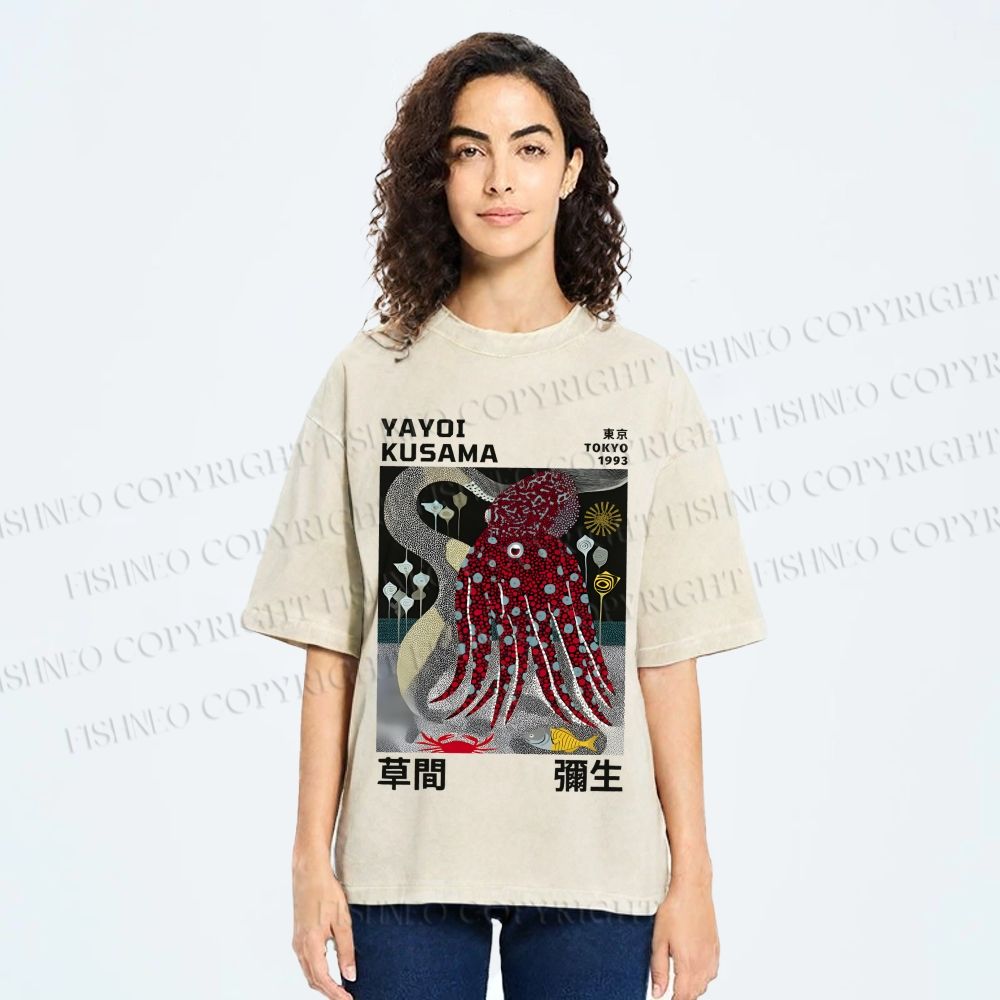 Unisex Yayoi Kusama Octopus Printed Washed Tee