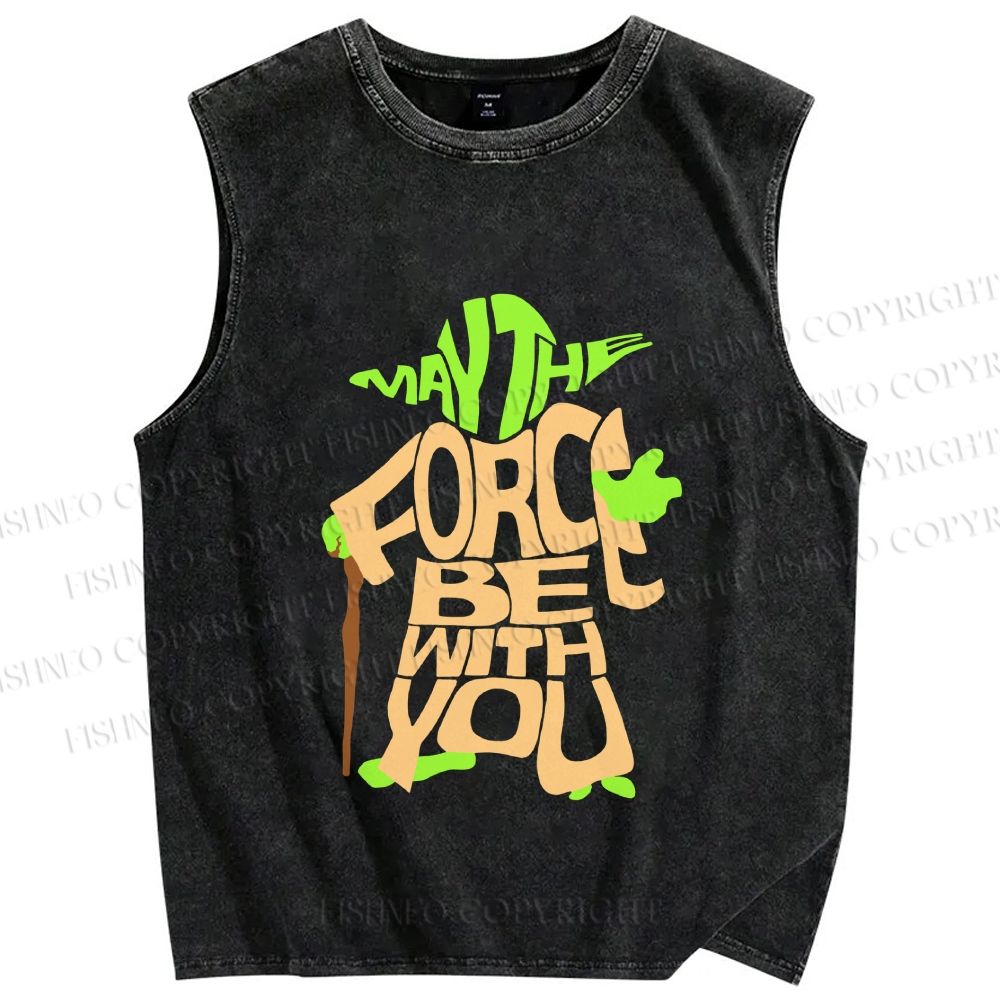 Unisex Star Wars Yoda May the Force Be With You Printed Washed Tank Top