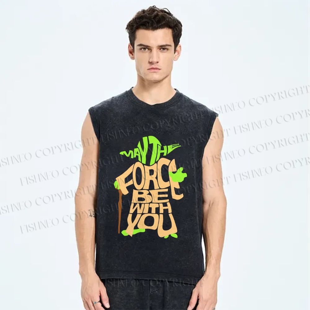 Unisex Star Wars Yoda May the Force Be With You Printed Washed Tank Top