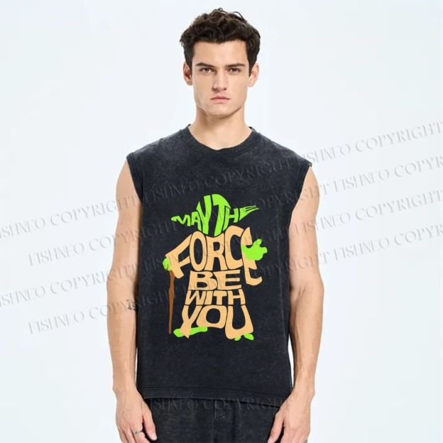 Unisex Star Wars Yoda May the Force Be With You Printed Washed Tank Top