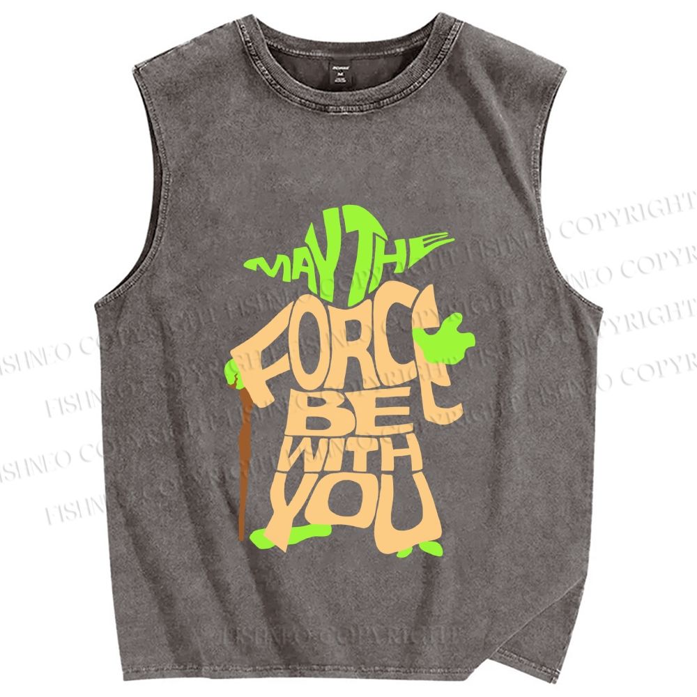 Unisex Star Wars Yoda May the Force Be With You Printed Washed Tank Top