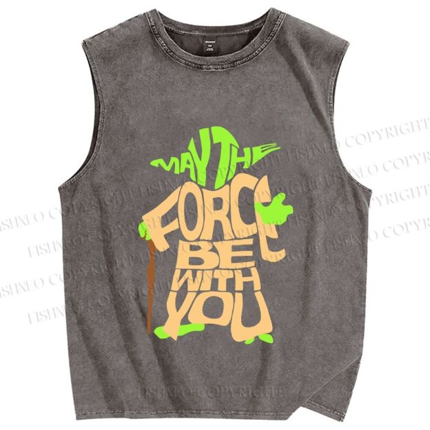 Unisex Star Wars Yoda May the Force Be With You Printed Washed Tank Top