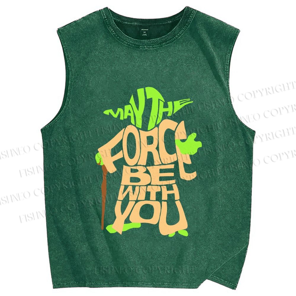 Unisex Star Wars Yoda May the Force Be With You Printed Washed Tank Top