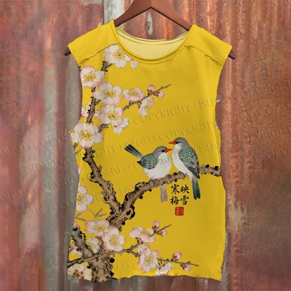 Unisex Casual Vintage Bird in Flowers Printed Tank Top