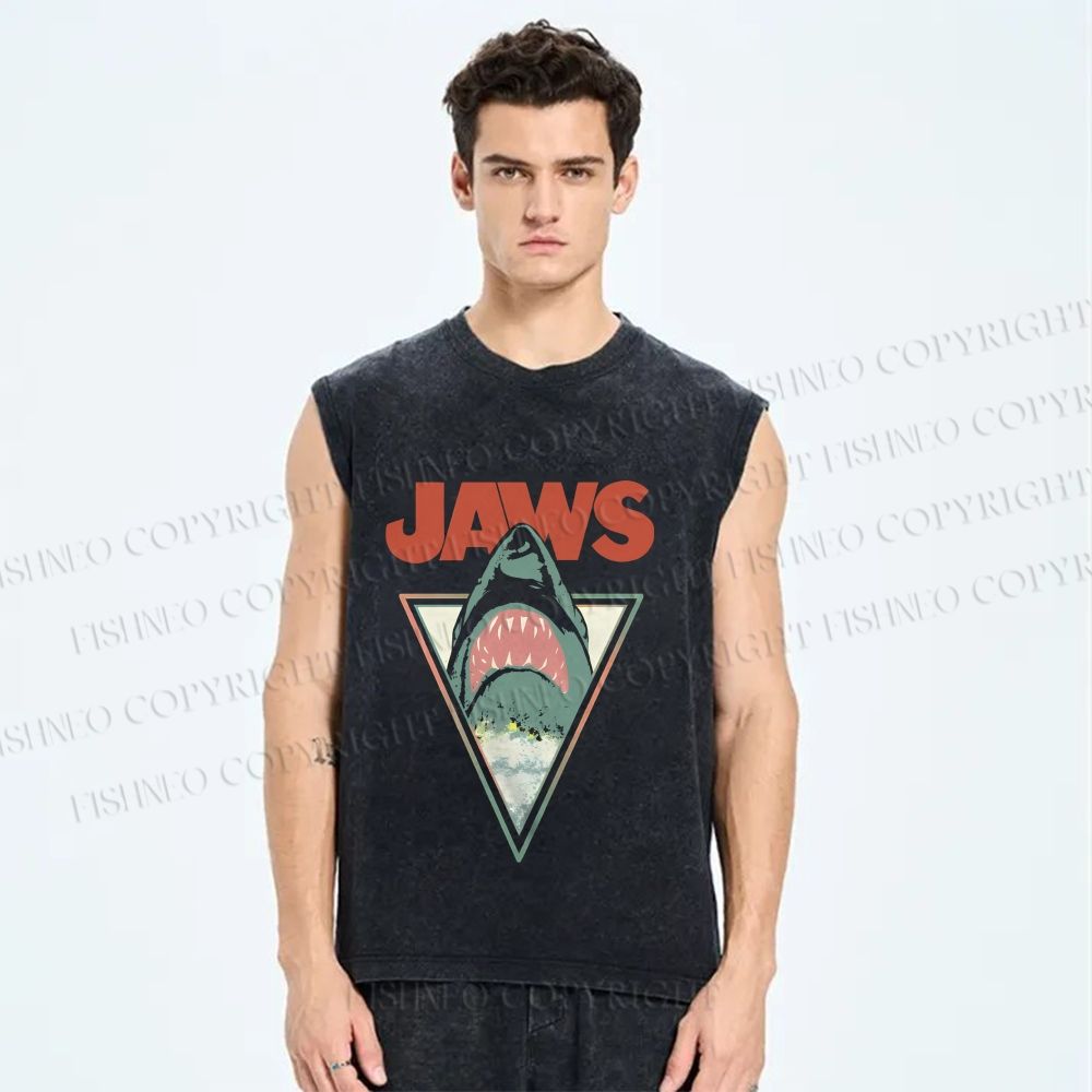 Unisex Shark Jaws Printed Washed Tank Top