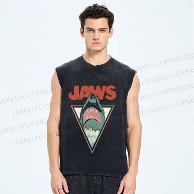 Unisex Shark Jaws Printed Washed Tank Top