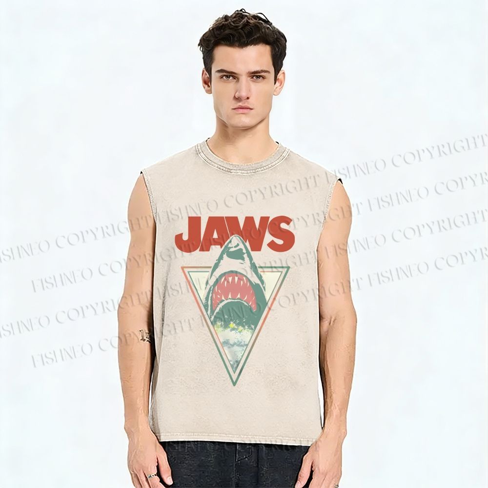 Unisex Shark Jaws Printed Washed Tank Top