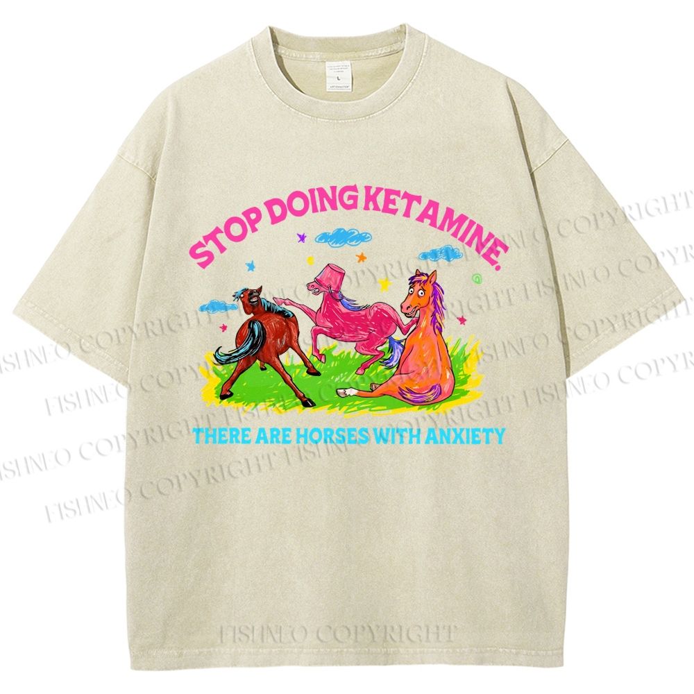 Unisex Horses With Anxiety Printed Washed Tee